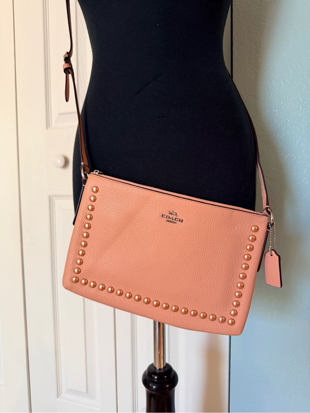 Coach Lyla Studded Pebbled Leather Crossbody in Pink